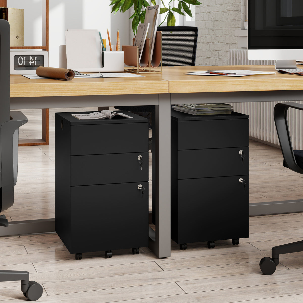 3-Drawer Rolling File Cabinet with Lock - Black