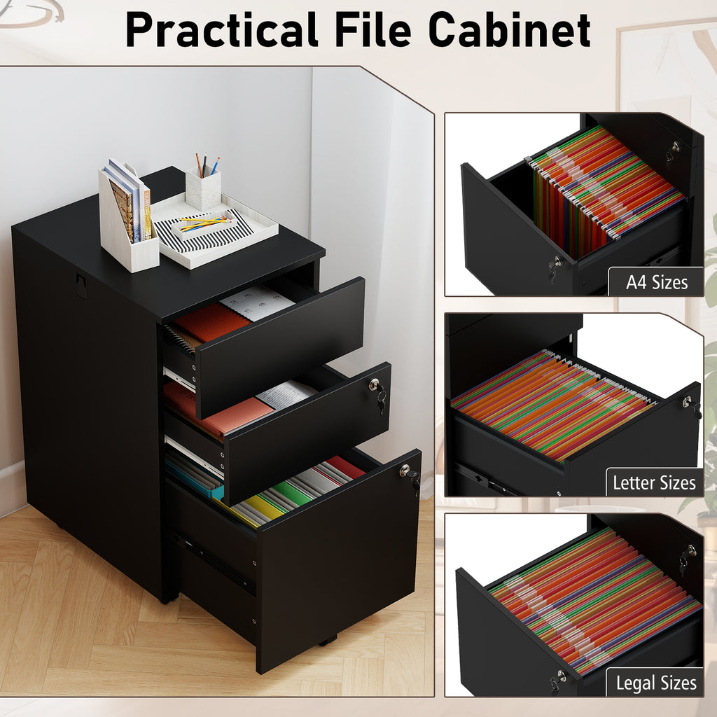 3-Drawer Rolling File Cabinet with Lock - Black