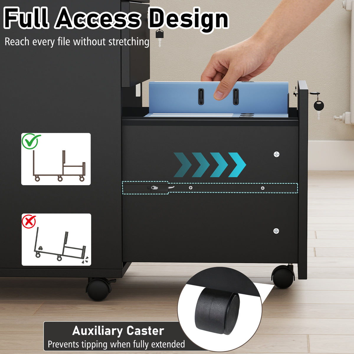 3-Drawer Rolling File Cabinet with Lock - Black