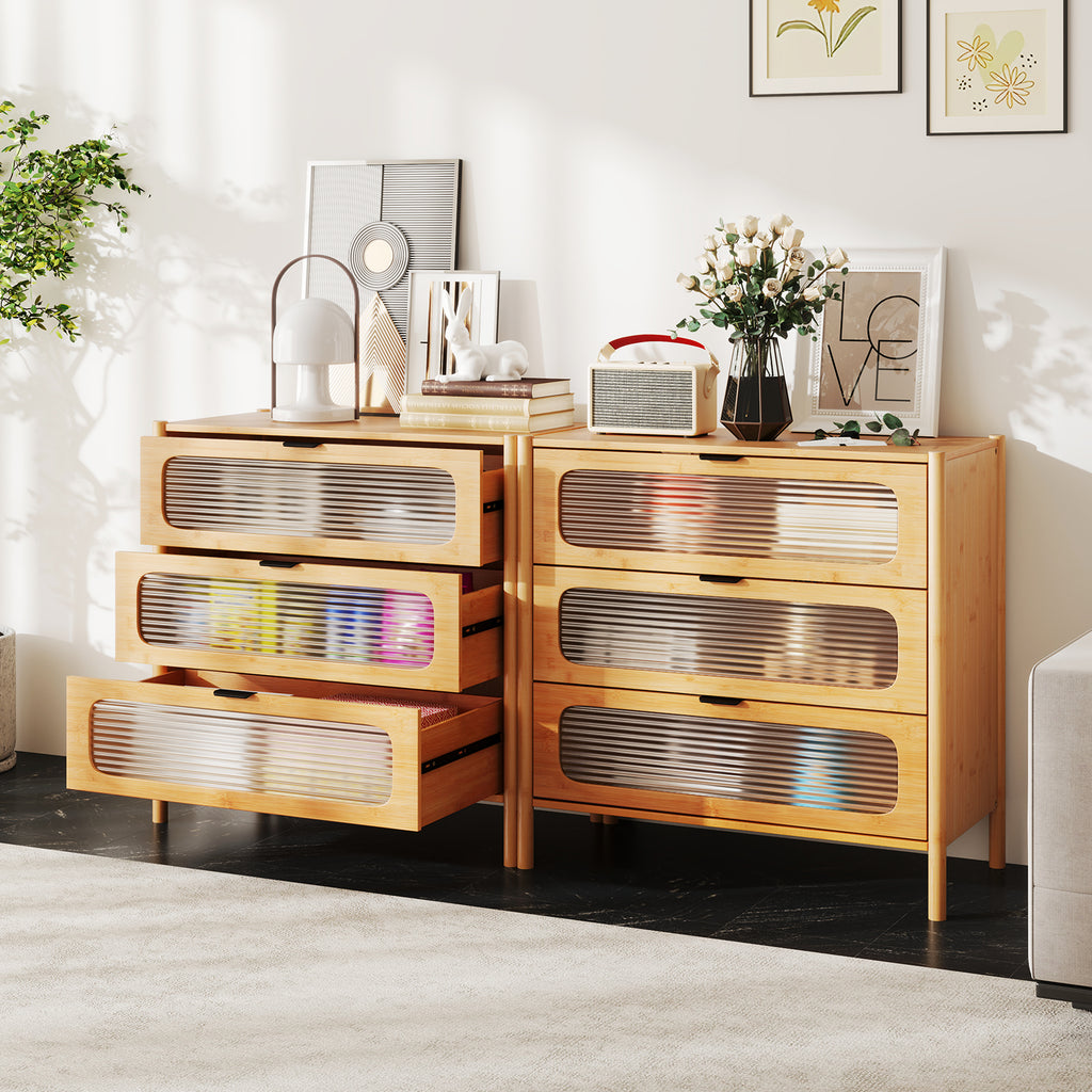 3 Drawer Mid Century Modern Chest of Drawers with Reeded Glass - Natural