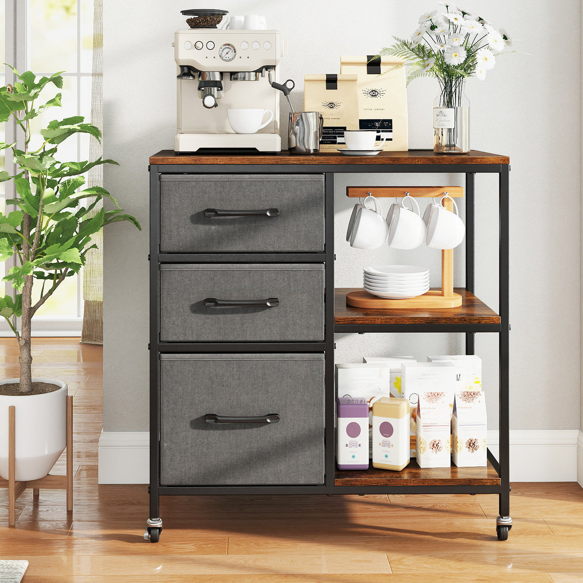3 Drawer Mobile File Cabinet with Charging Station Rolling Printer