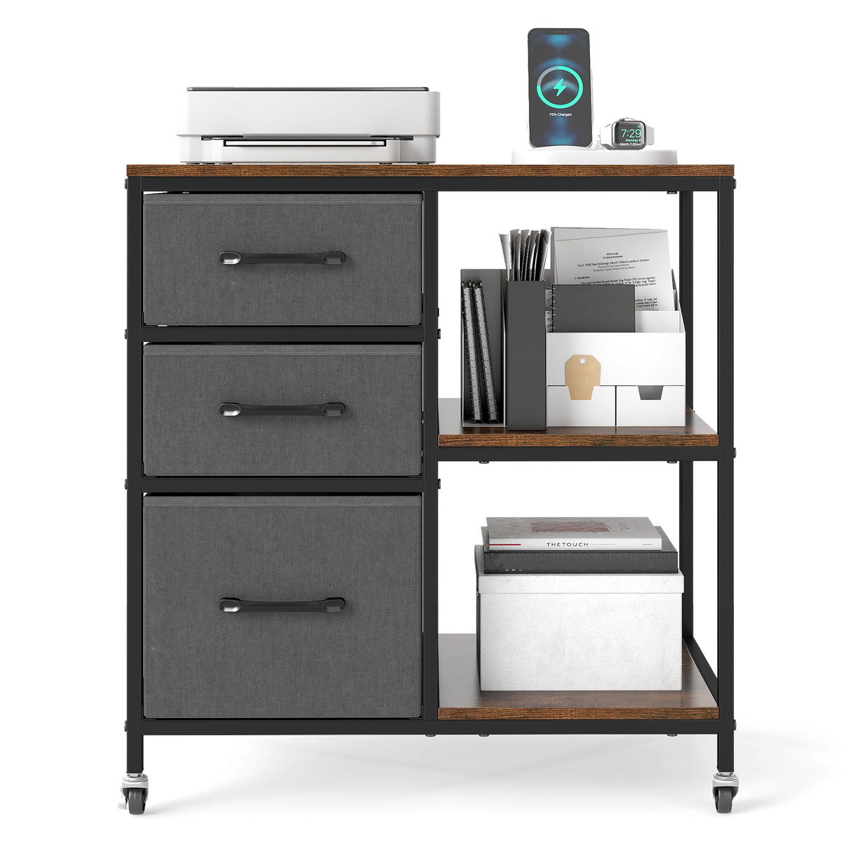 3 Drawer Mobile File Cabinet with Charging Station Rolling Printer