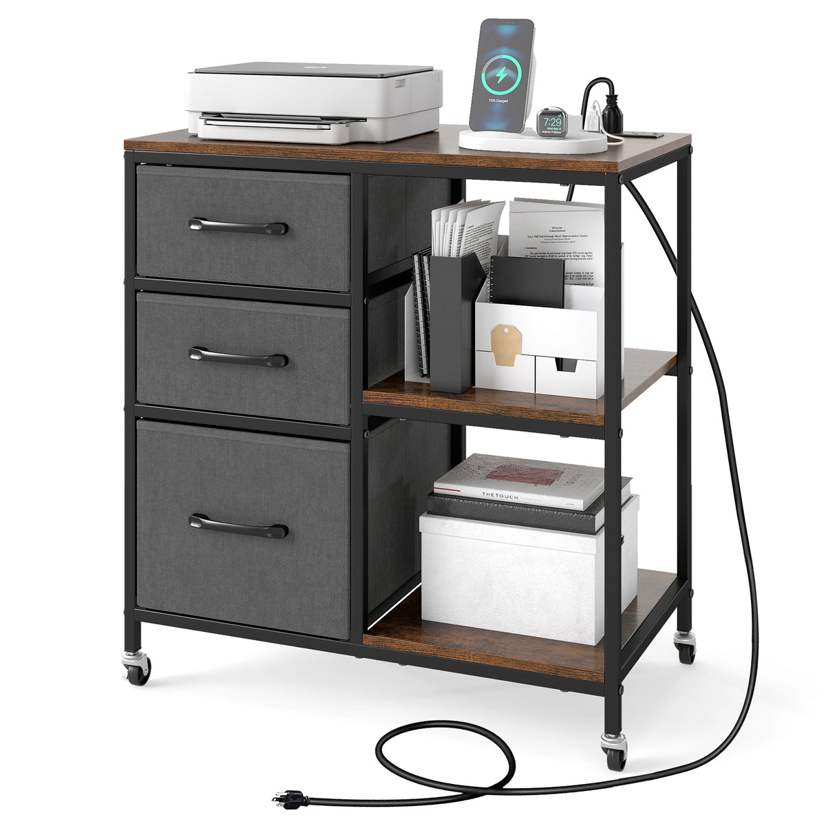 3 Drawer Mobile File Cabinet with Charging Station Rolling Printer