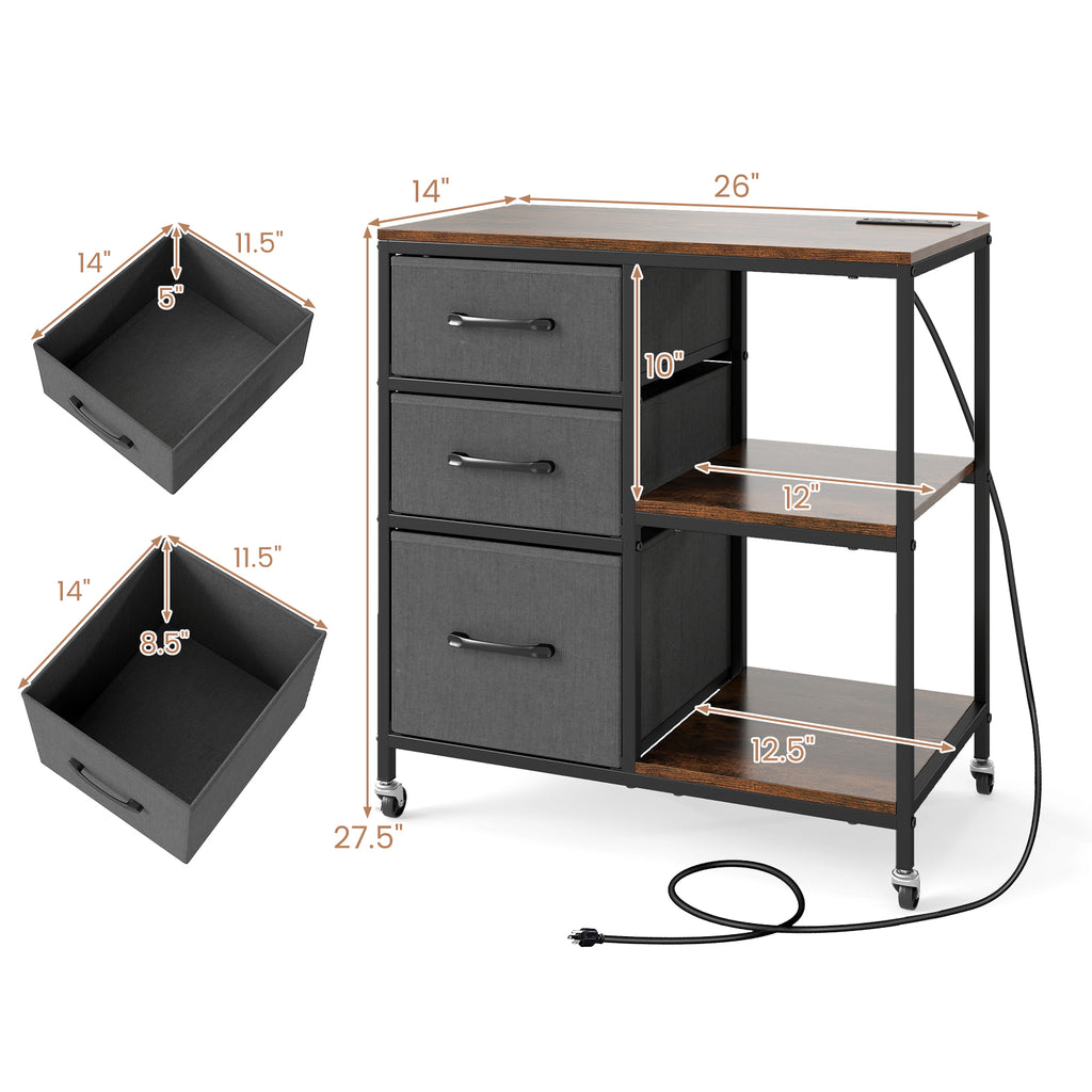 3 Drawer Mobile File Cabinet with Charging Station Rolling Printer
