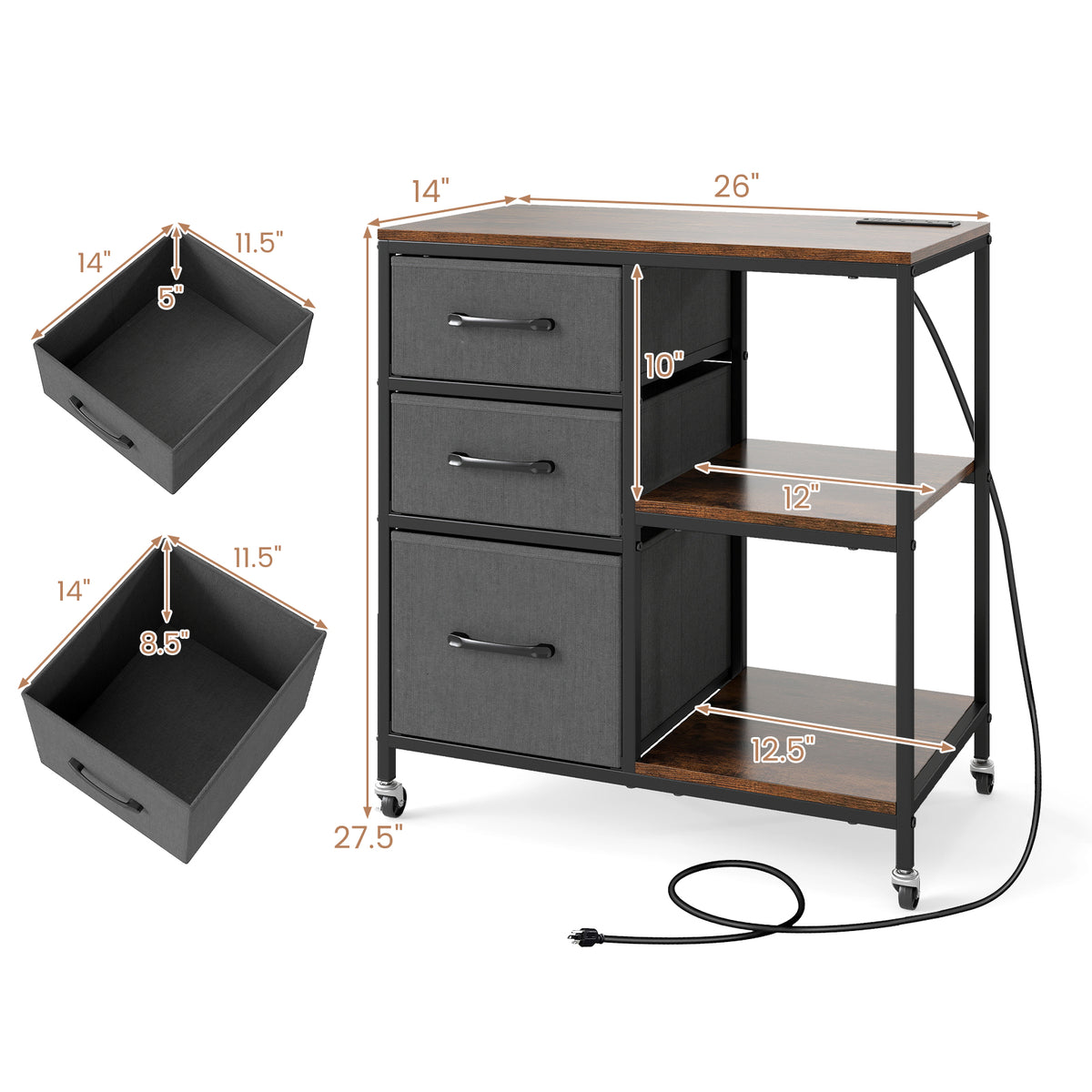 3 Drawer Mobile File Cabinet with Charging Station Rolling Printer