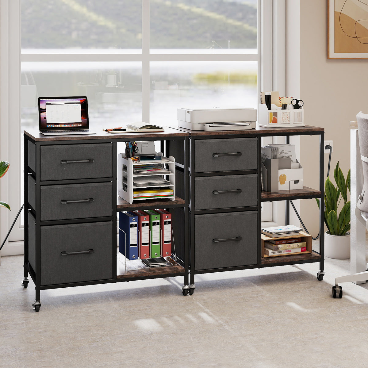 3 Drawer Mobile File Cabinet with Charging Station Rolling Printer