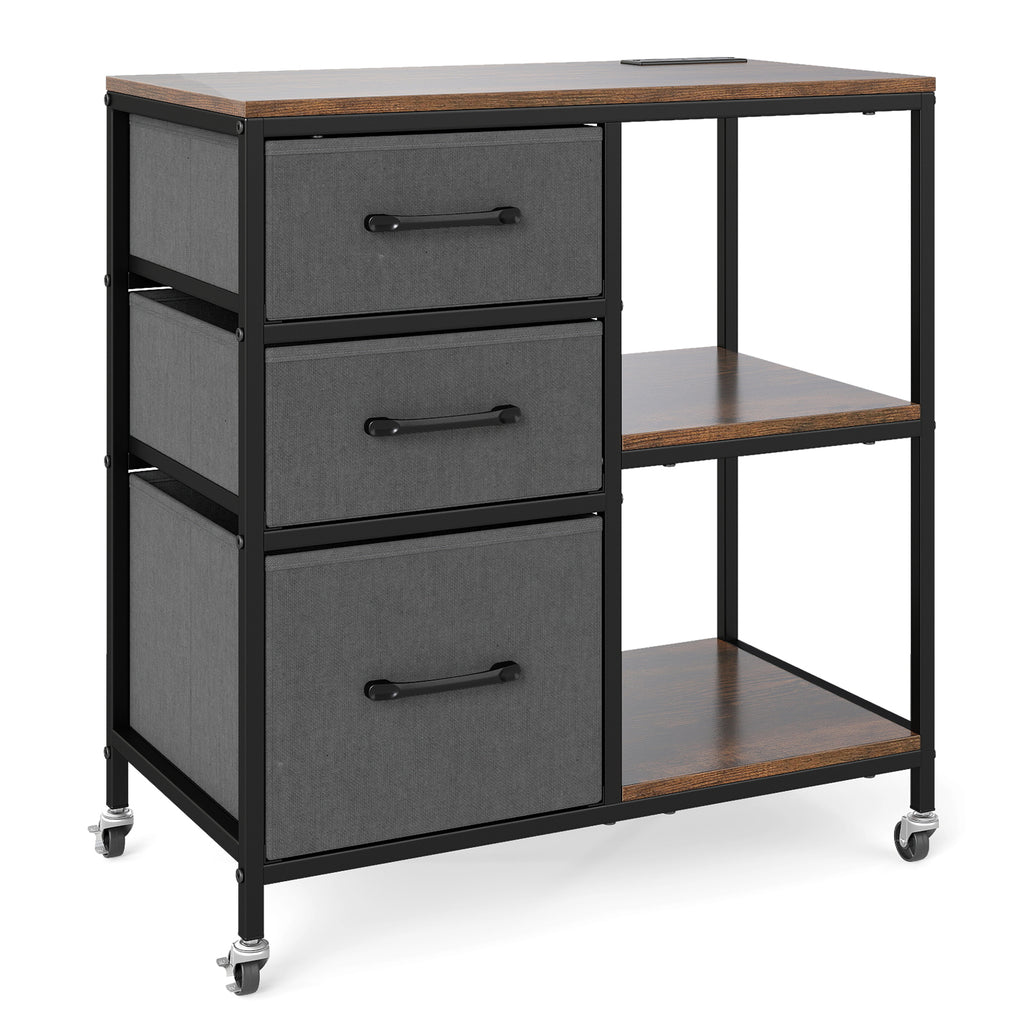 3 Drawer Mobile File Cabinet with Charging Station Rolling Printer