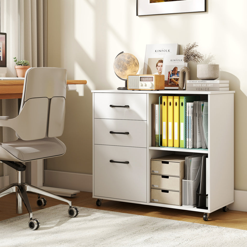 3-Drawer Mobile File Cabinet with Shelves - White