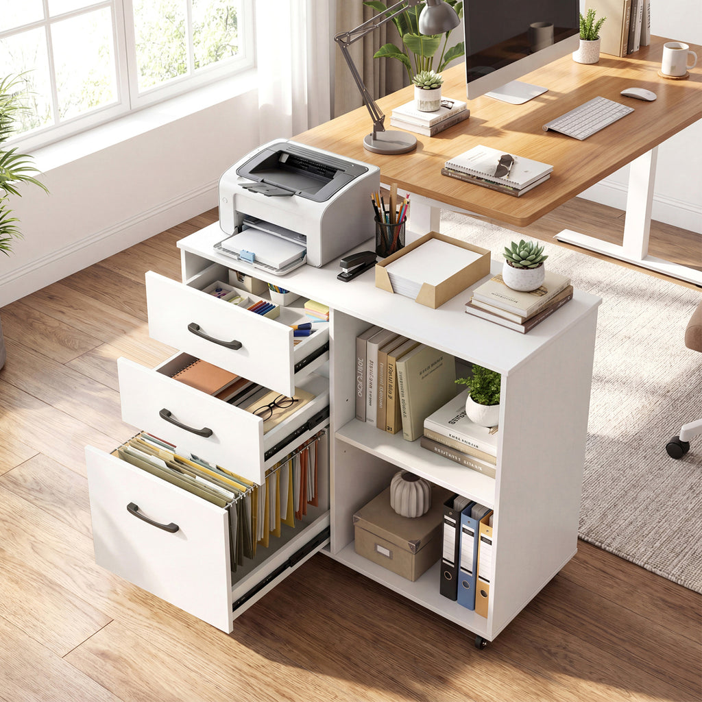 3-Drawer Mobile File Cabinet with Shelves - White