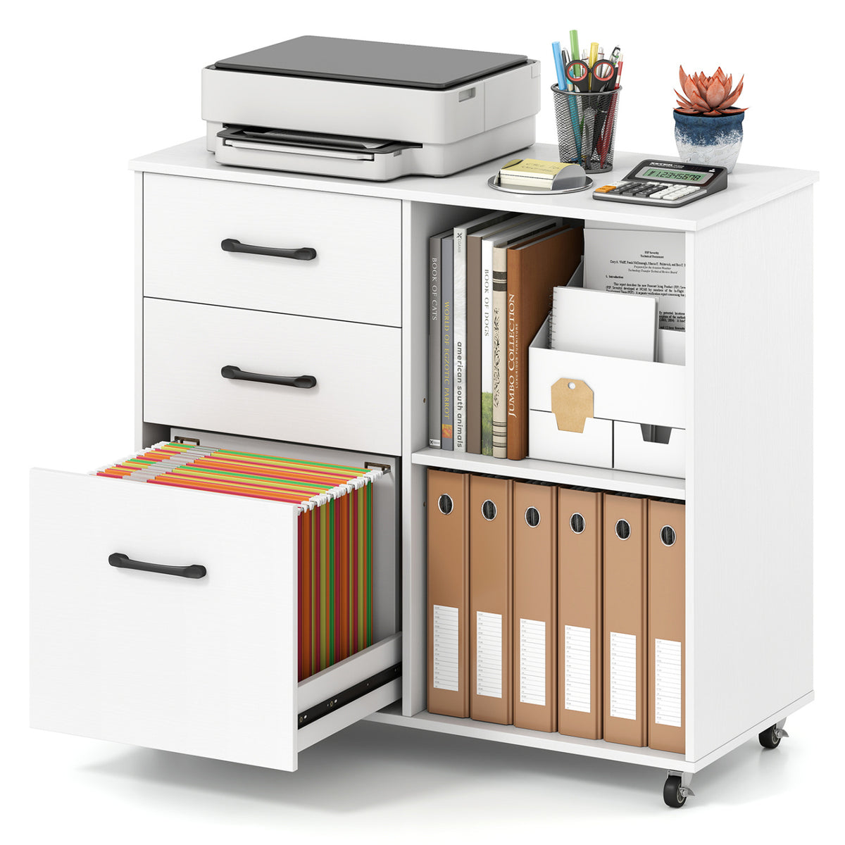 3-Drawer Mobile File Cabinet with Shelves - White