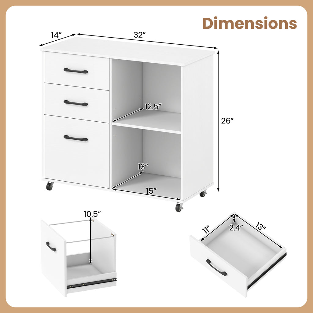3-Drawer Mobile File Cabinet with Shelves - White