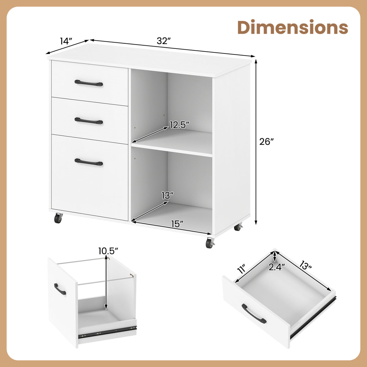 3-Drawer Mobile File Cabinet with Shelves - White