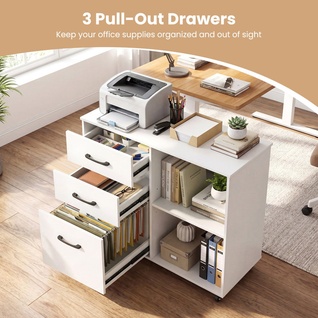 3-Drawer Mobile File Cabinet with Shelves - White