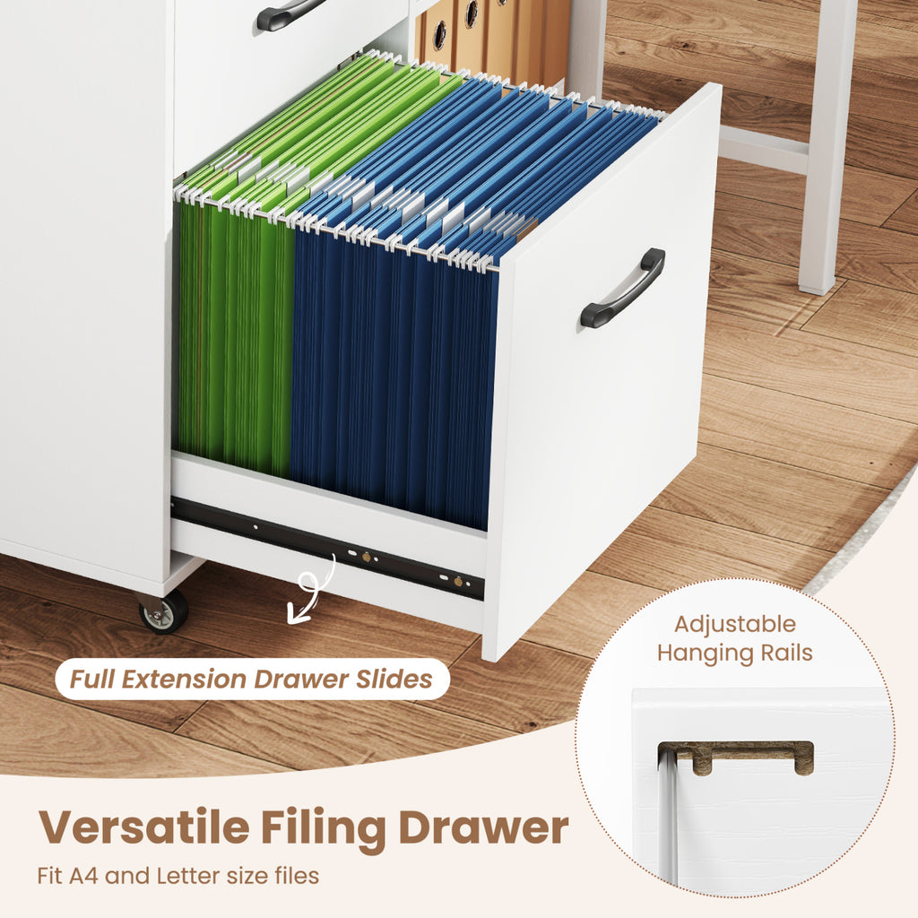 3-Drawer Mobile File Cabinet with Shelves - White