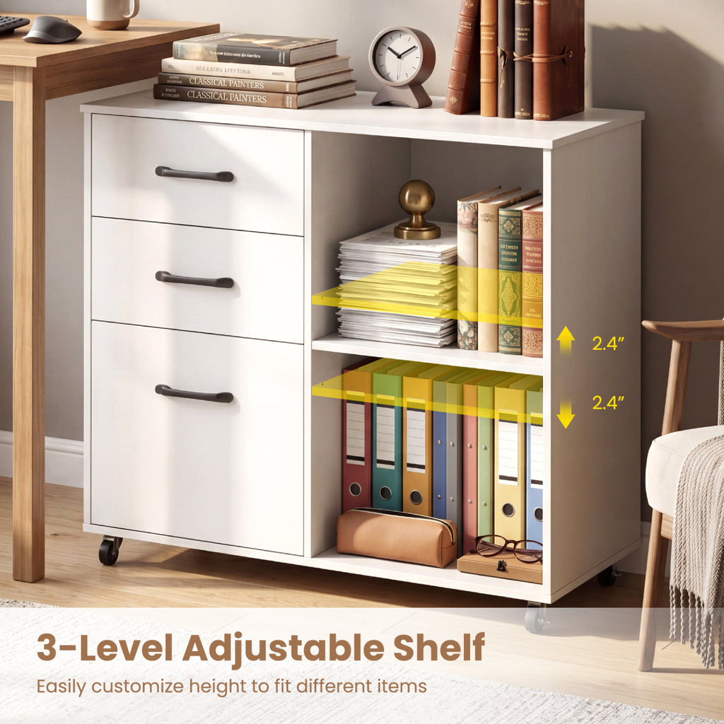 3-Drawer Mobile File Cabinet with Shelves - White