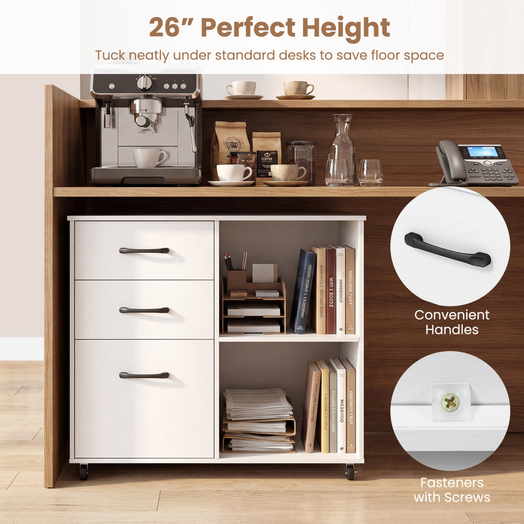 3-Drawer Mobile File Cabinet with Shelves - White