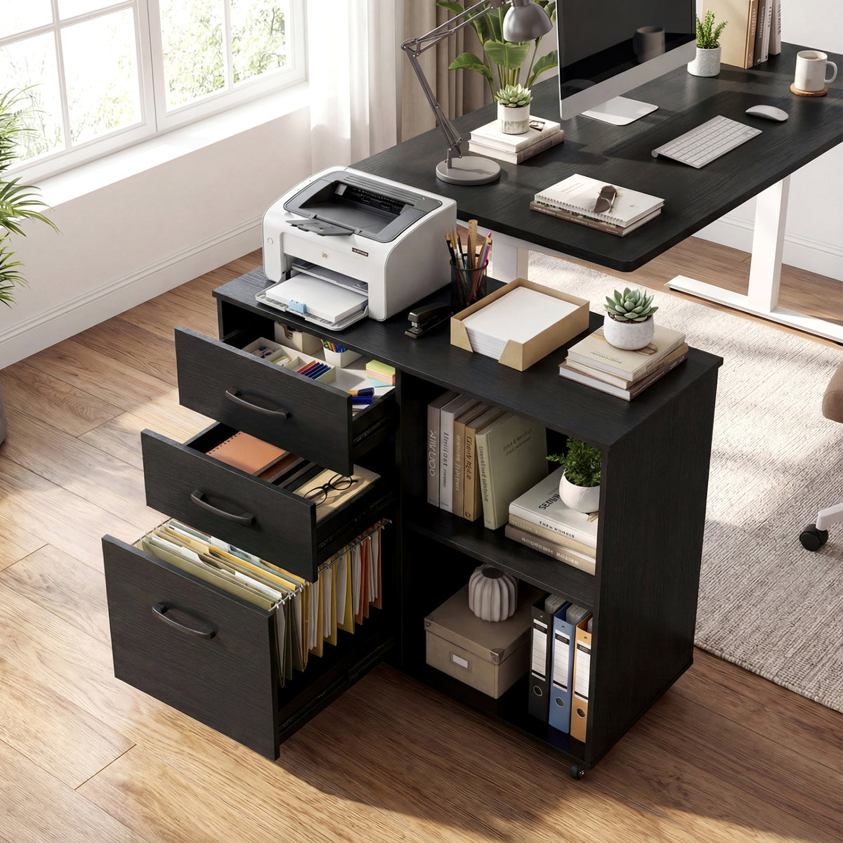 Drawer Mobile File Cabinet Rolling Printer Stand with Open Storage