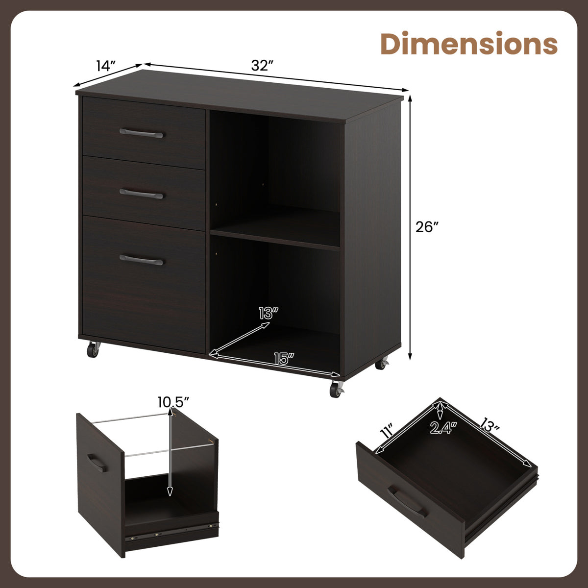 Drawer Mobile File Cabinet Rolling Printer Stand with Open Storage