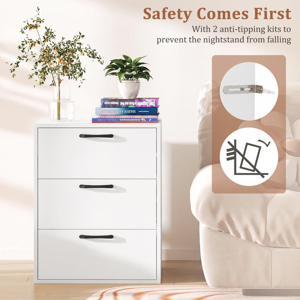 3 Drawer Nightstand with Wood Grain Finish – White