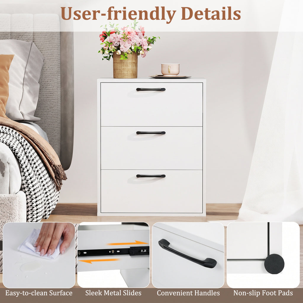 3 Drawer Nightstand with Wood Grain Finish – White