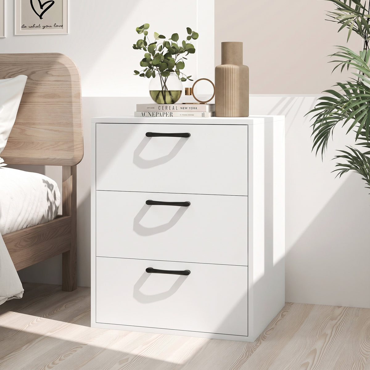 3 Drawer Nightstand with Wood Grain Finish – White