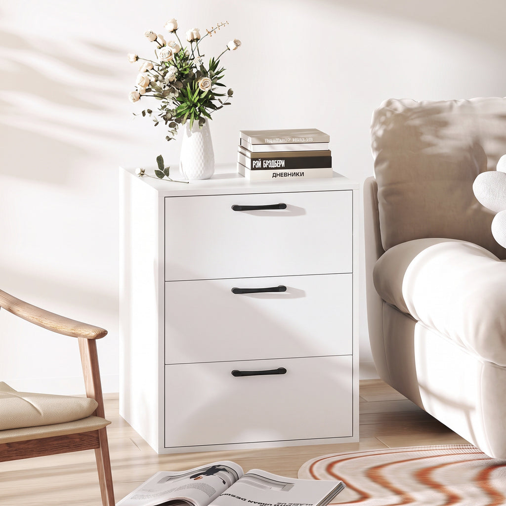 3 Drawer Nightstand with Wood Grain Finish – White