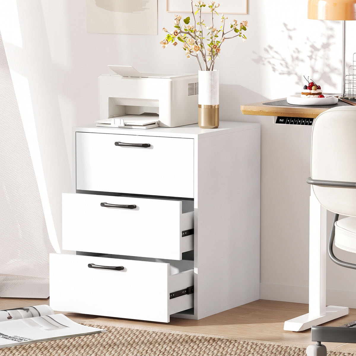 3 Drawer Nightstand with Wood Grain Finish – White