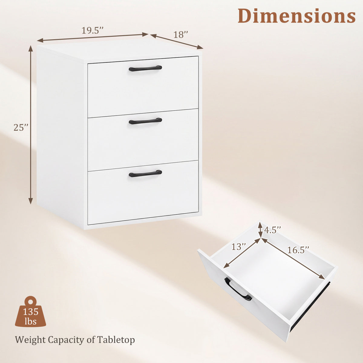 3 Drawer Nightstand with Wood Grain Finish – White