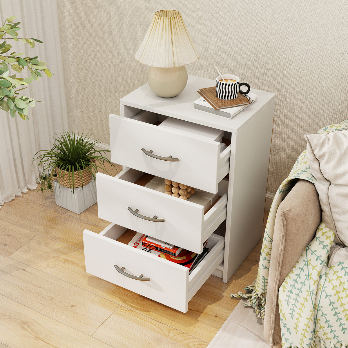 3 Drawer Nightstand with Storage - White