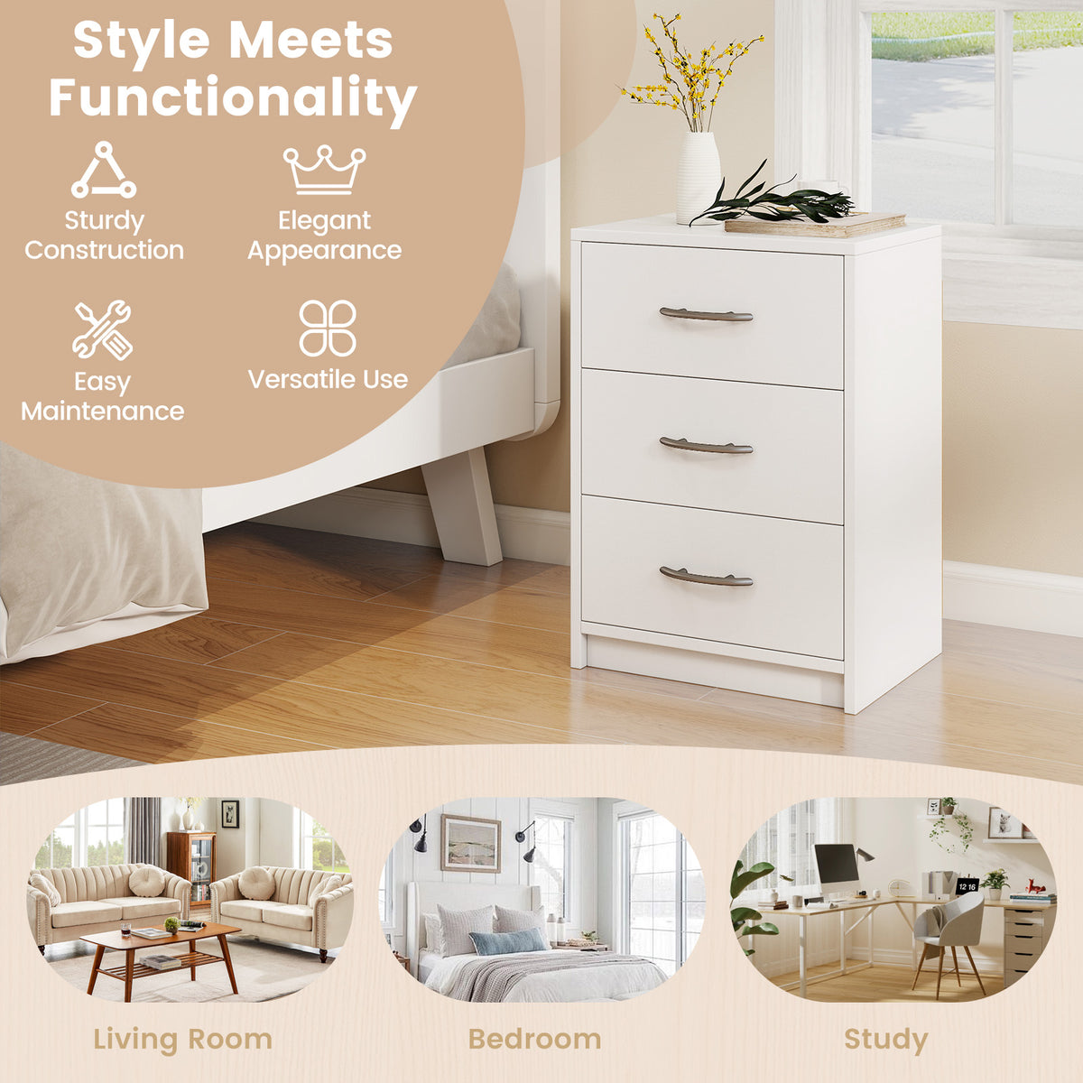 3 Drawer Nightstand with Storage - White