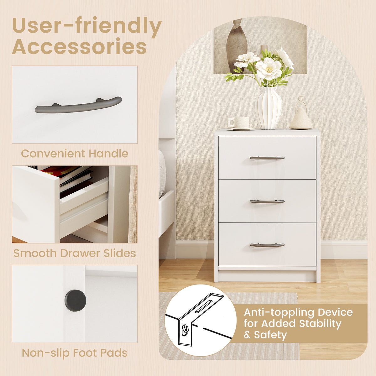3 Drawer Nightstand with Storage - White