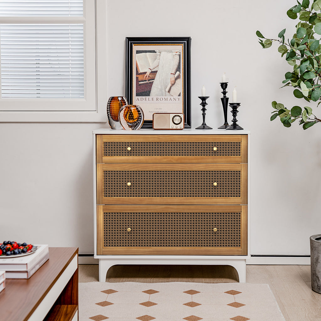 3-Drawer Rattan Dresser Chest, Brown