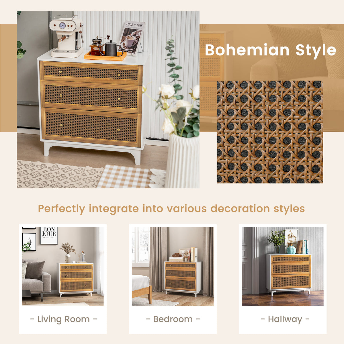 3-Drawer Rattan Dresser Chest, Brown