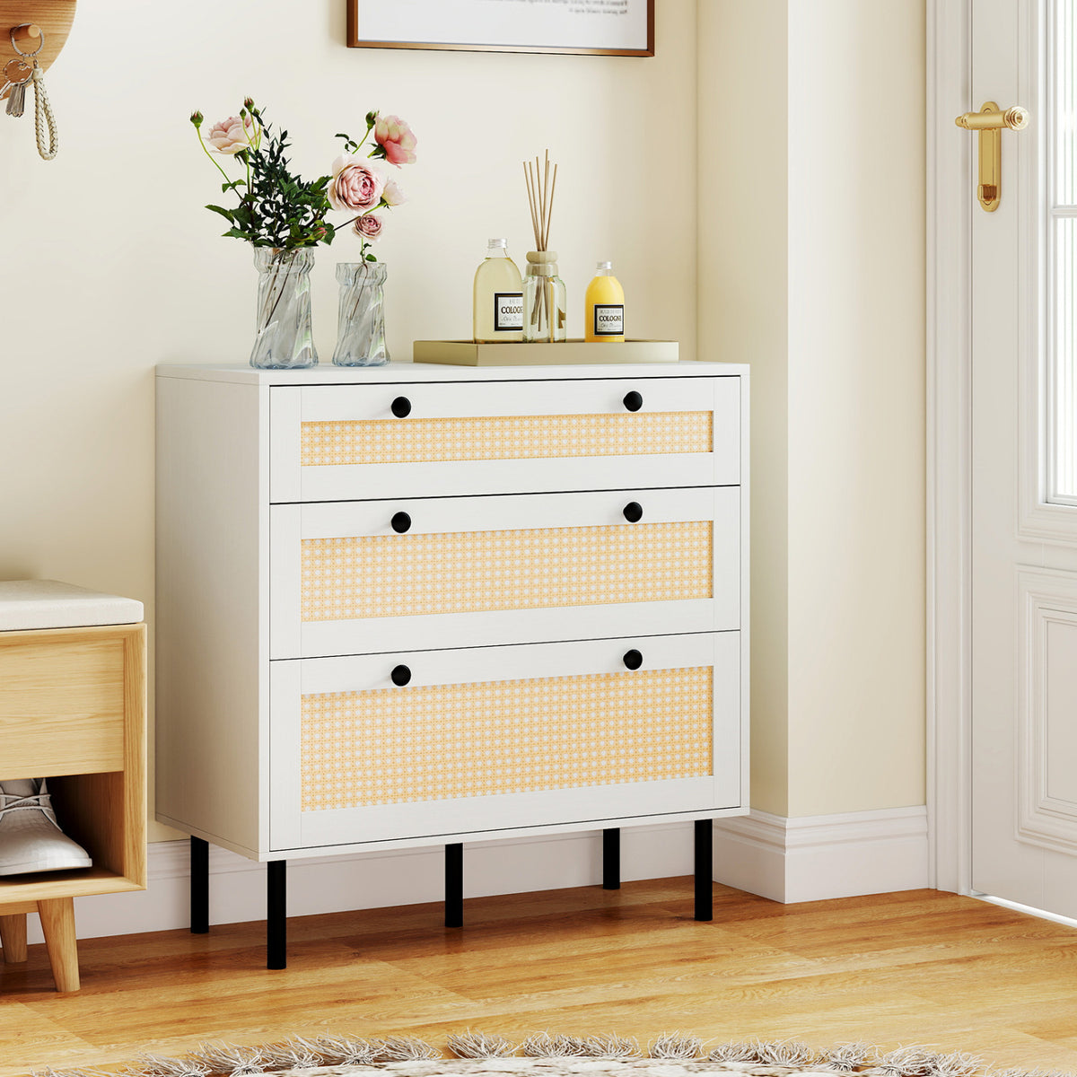 3-Drawer Rattan Nightstand, White - Boho Bedroom Storage