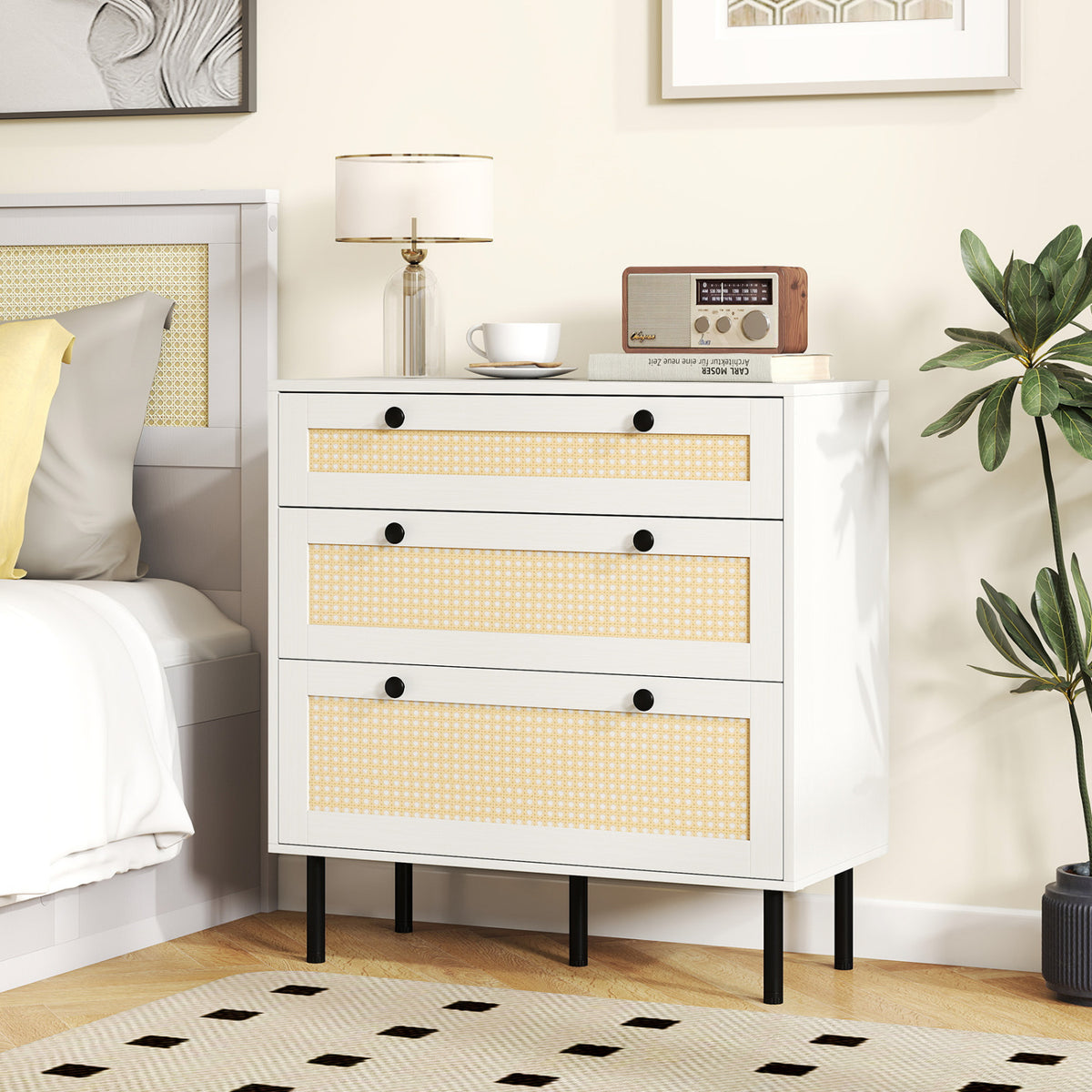 3-Drawer Rattan Nightstand, White - Boho Bedroom Storage