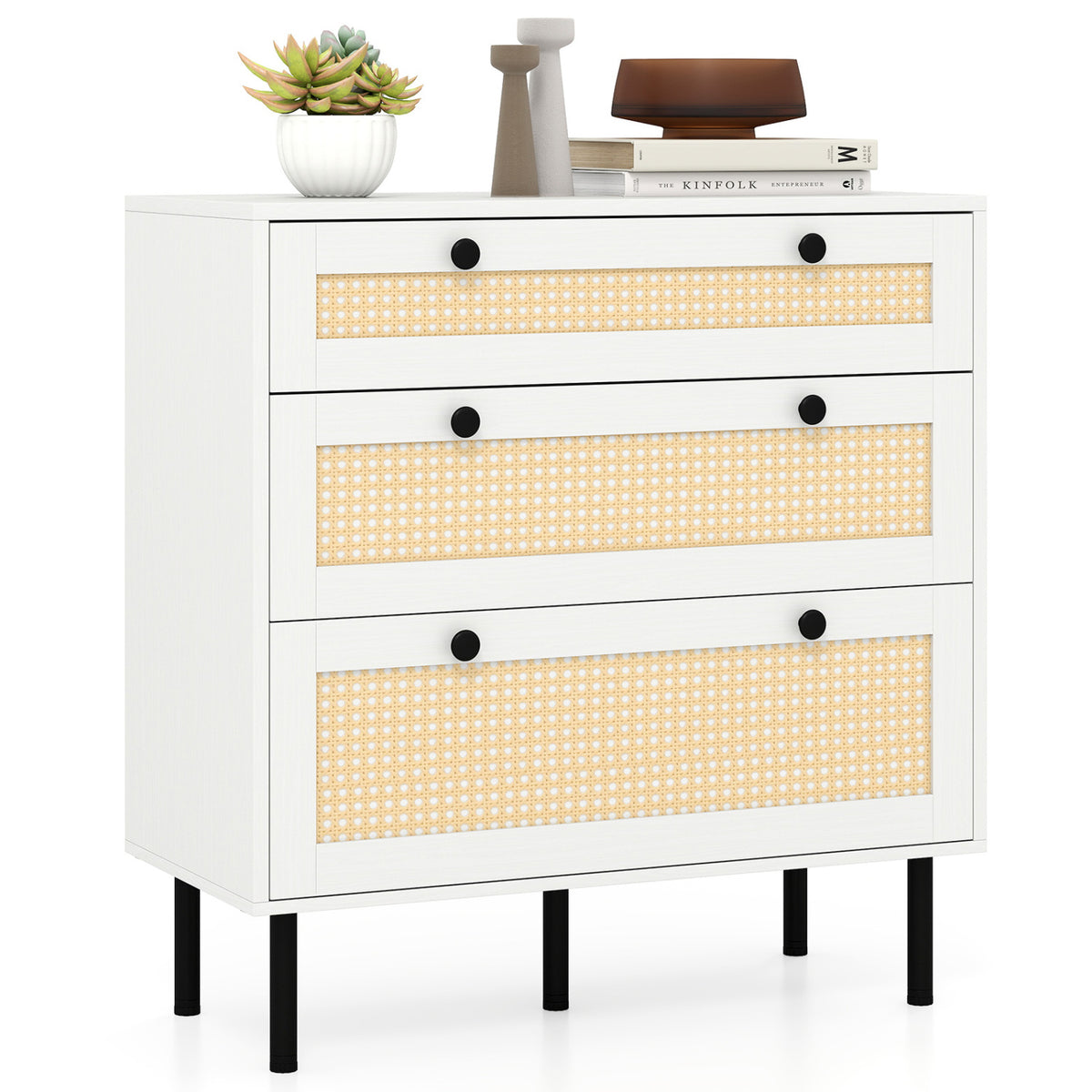 3-Drawer Rattan Nightstand, White - Boho Bedroom Storage