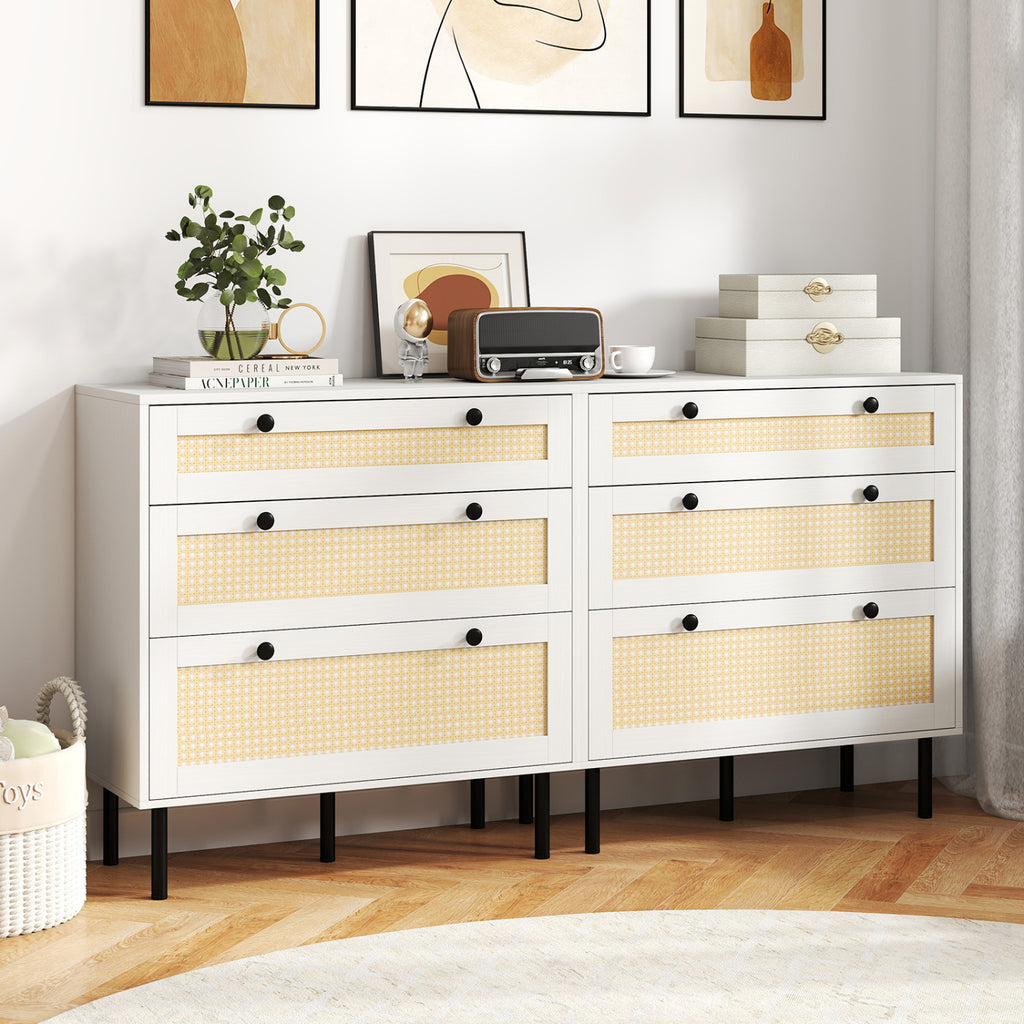 3-Drawer Rattan Nightstand, White - Boho Bedroom Storage