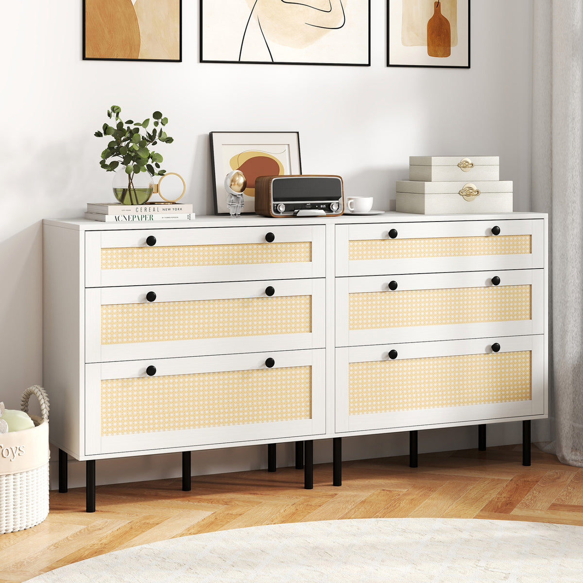 3-Drawer Rattan Nightstand, White - Boho Bedroom Storage