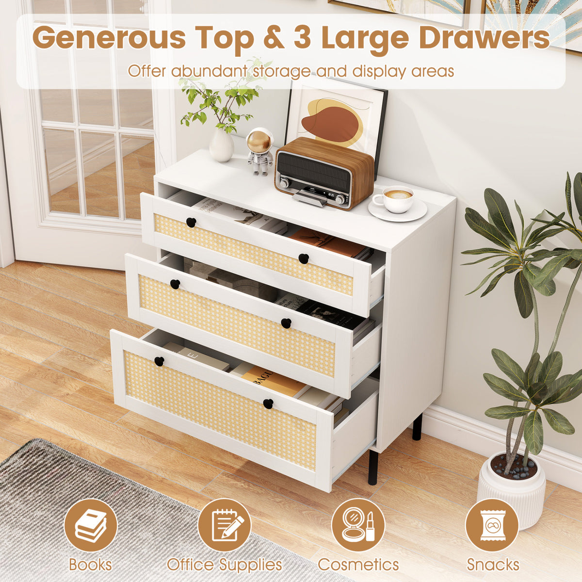 3-Drawer Rattan Nightstand, White - Boho Bedroom Storage