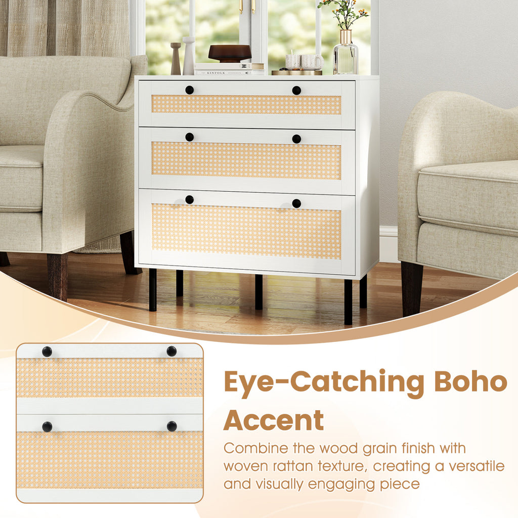 3-Drawer Rattan Nightstand, White - Boho Bedroom Storage