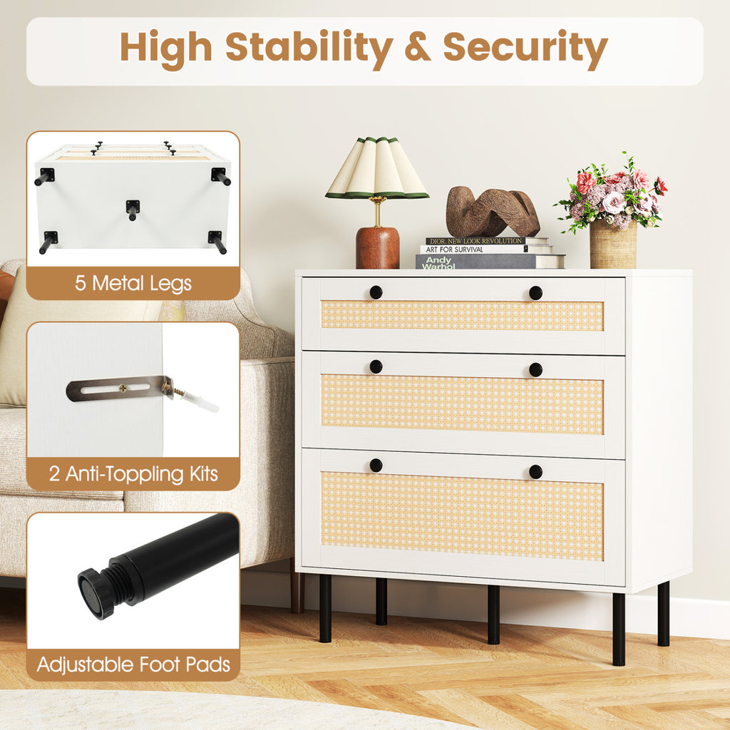 3-Drawer Rattan Nightstand, White - Boho Bedroom Storage