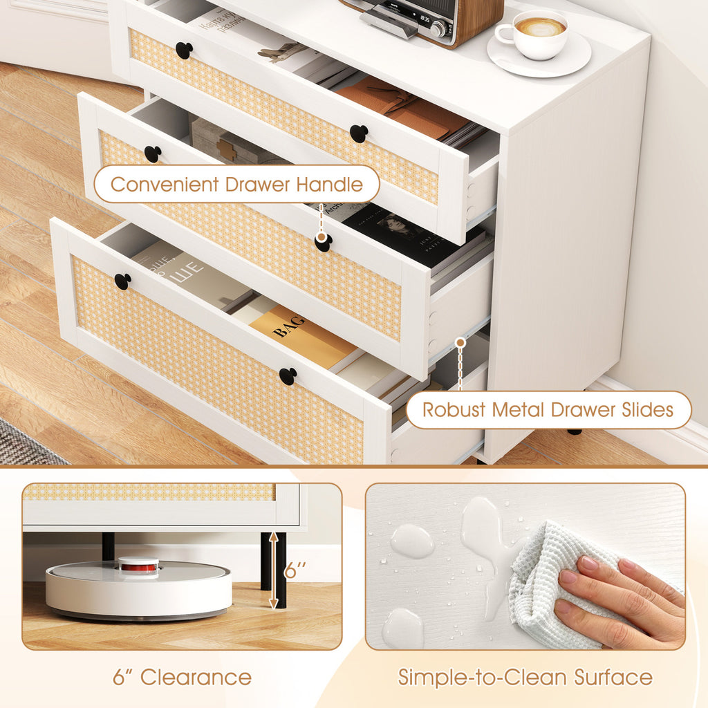 3-Drawer Rattan Nightstand, White - Boho Bedroom Storage