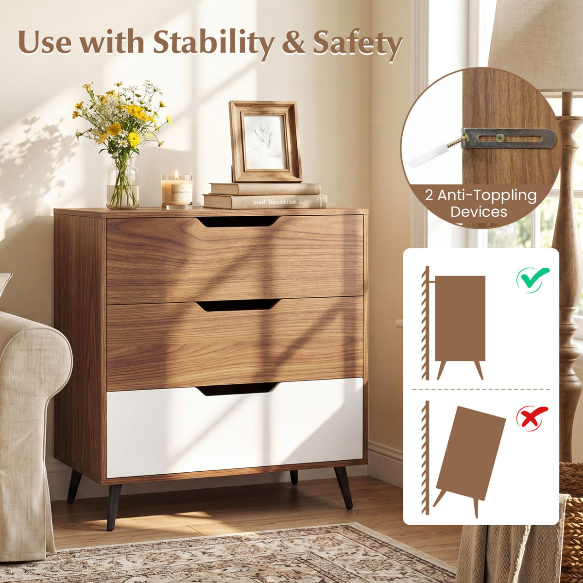 3-Drawer Rustic Farmhouse Wooden Dresser - Walnut