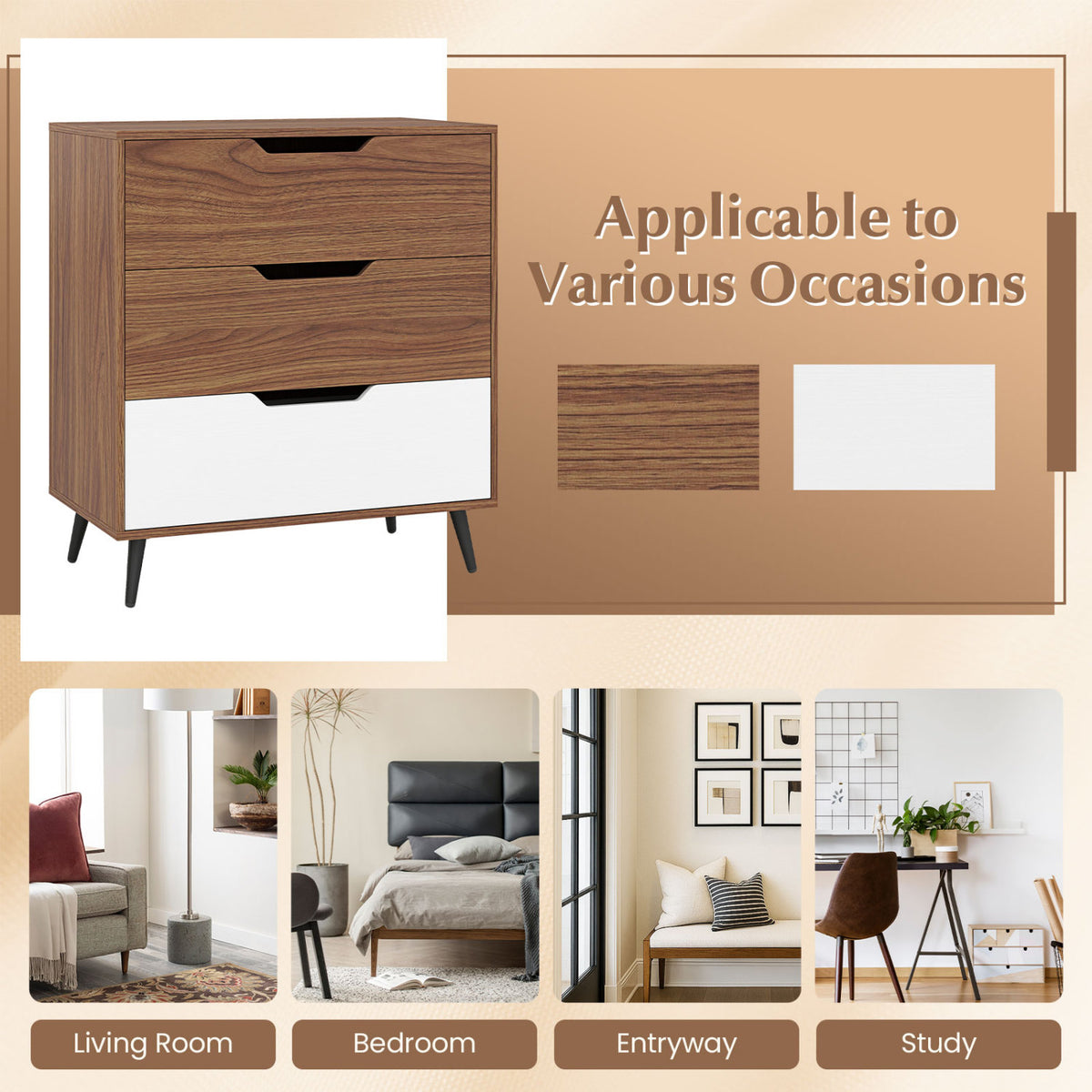 3-Drawer Rustic Farmhouse Wooden Dresser - Walnut
