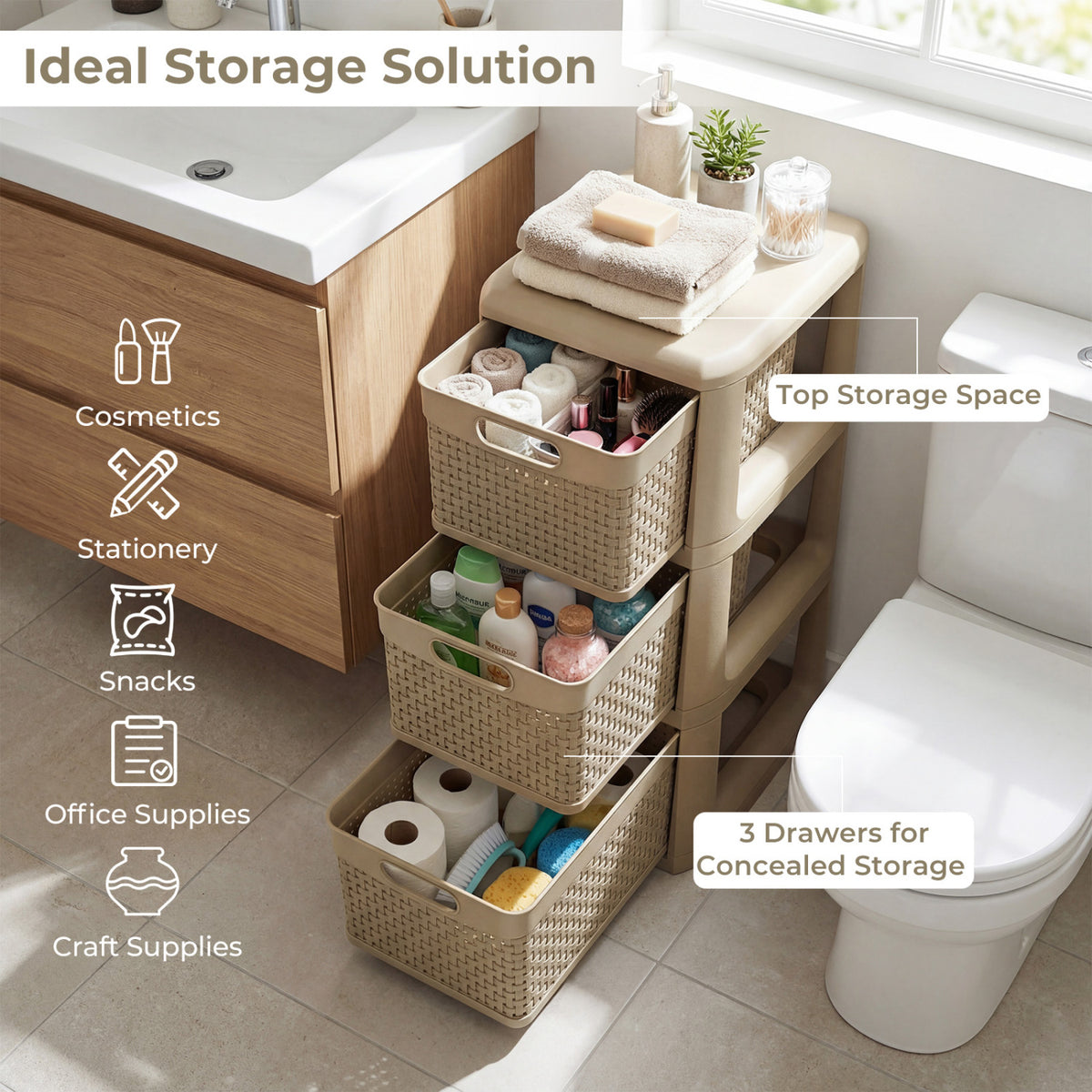 3-Drawer Storage Organizer with Wicker Patterns, Brown