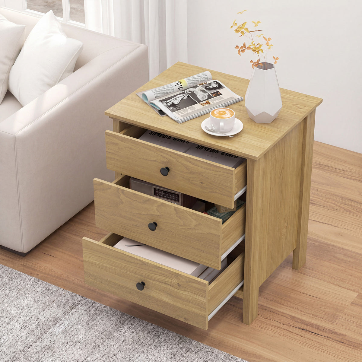 3-Drawer Wooden Nightstand - Natural