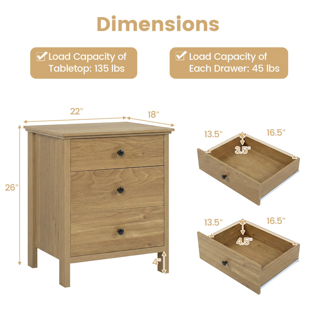 3-Drawer Wooden Nightstand - Natural