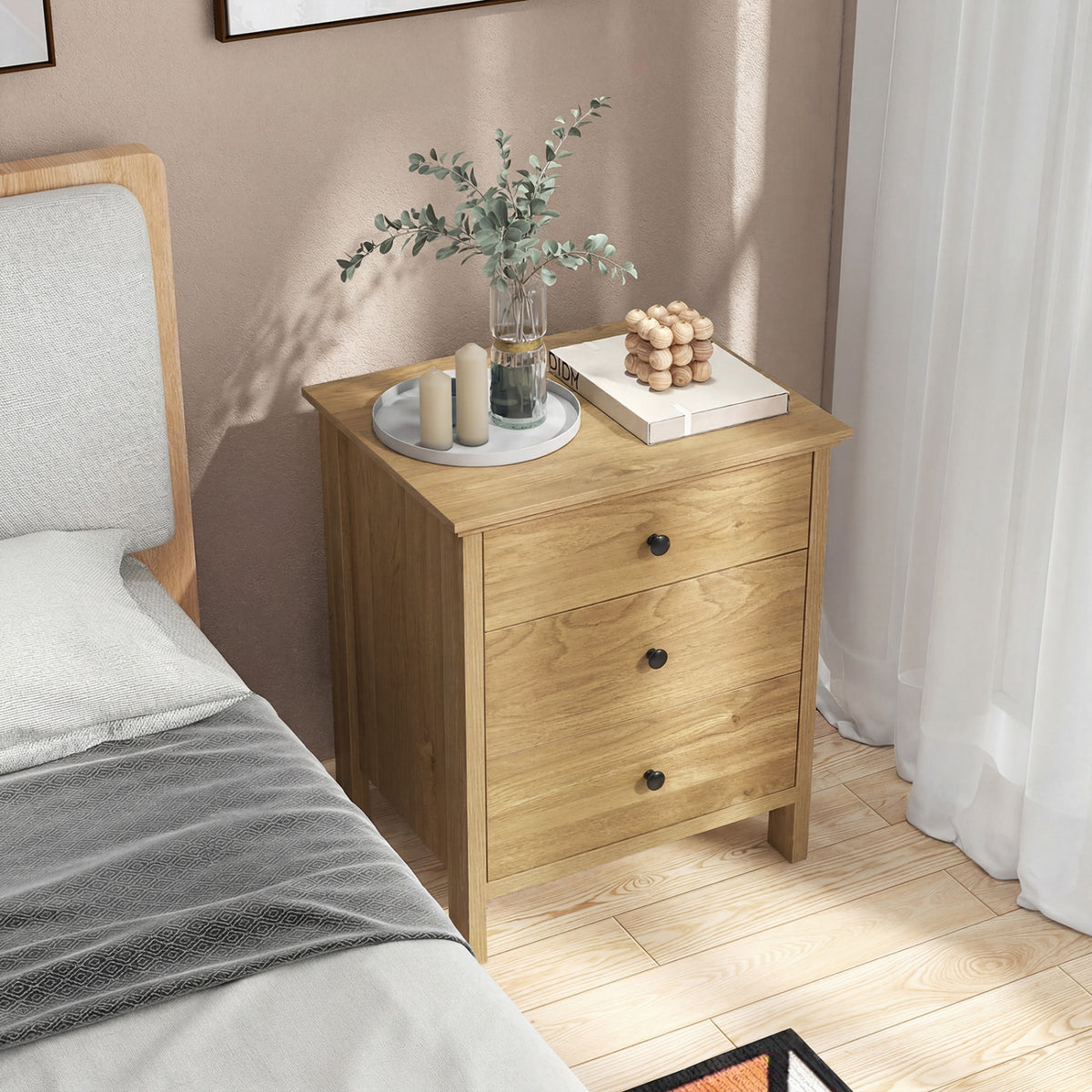 3-Drawer Wooden Nightstand - Natural