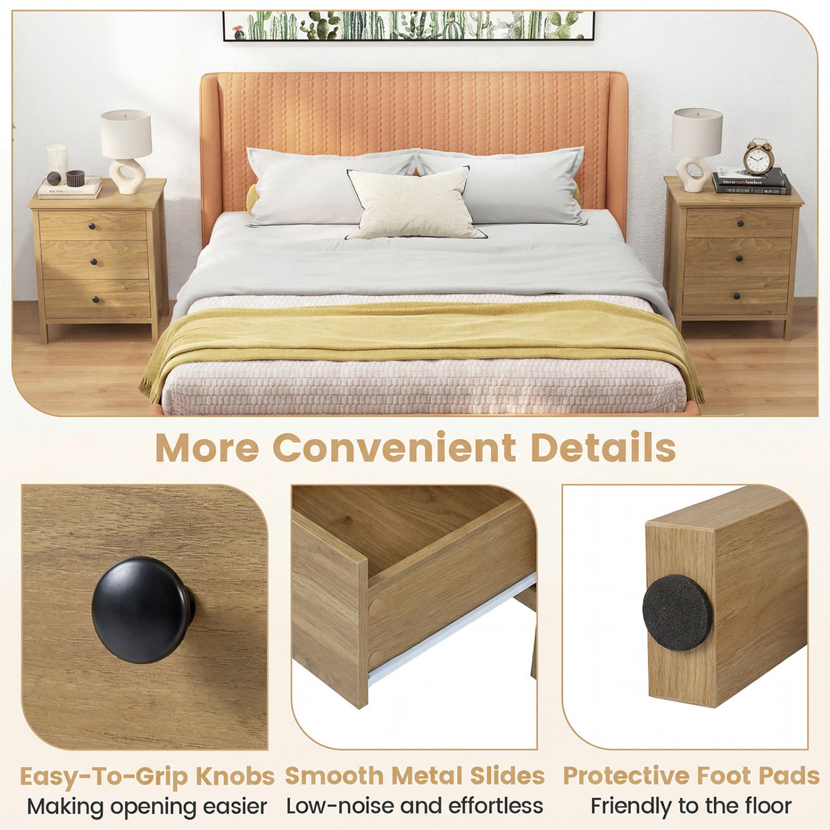 3-Drawer Wooden Nightstand - Natural