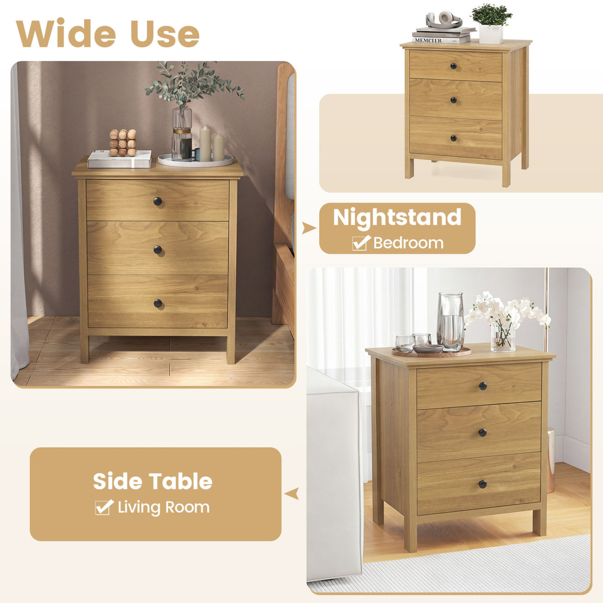 3-Drawer Wooden Nightstand - Natural